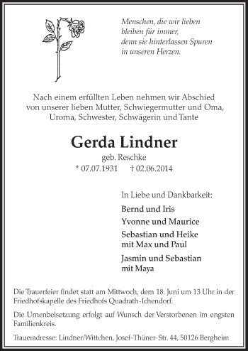 Anzeige von Gerda Lindner von  Sonntags-Post 