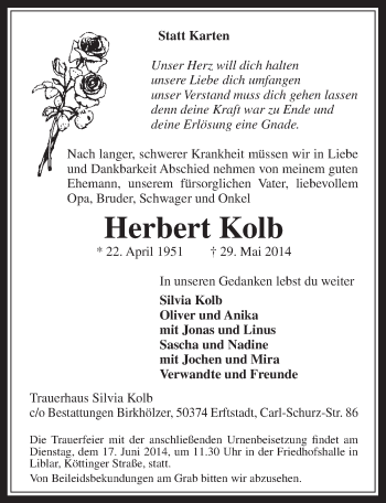 Anzeige von Herbert Kolb von  Werbepost 
