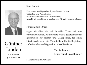 Anzeige von Günther Linden von  Anzeigen Echo 