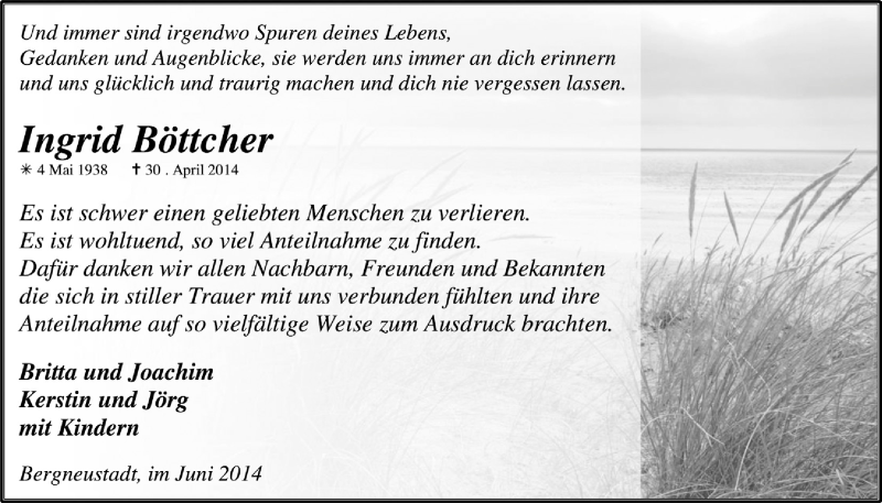  Traueranzeige für Ingrid Böttcher vom 11.06.2014 aus  Anzeigen Echo 