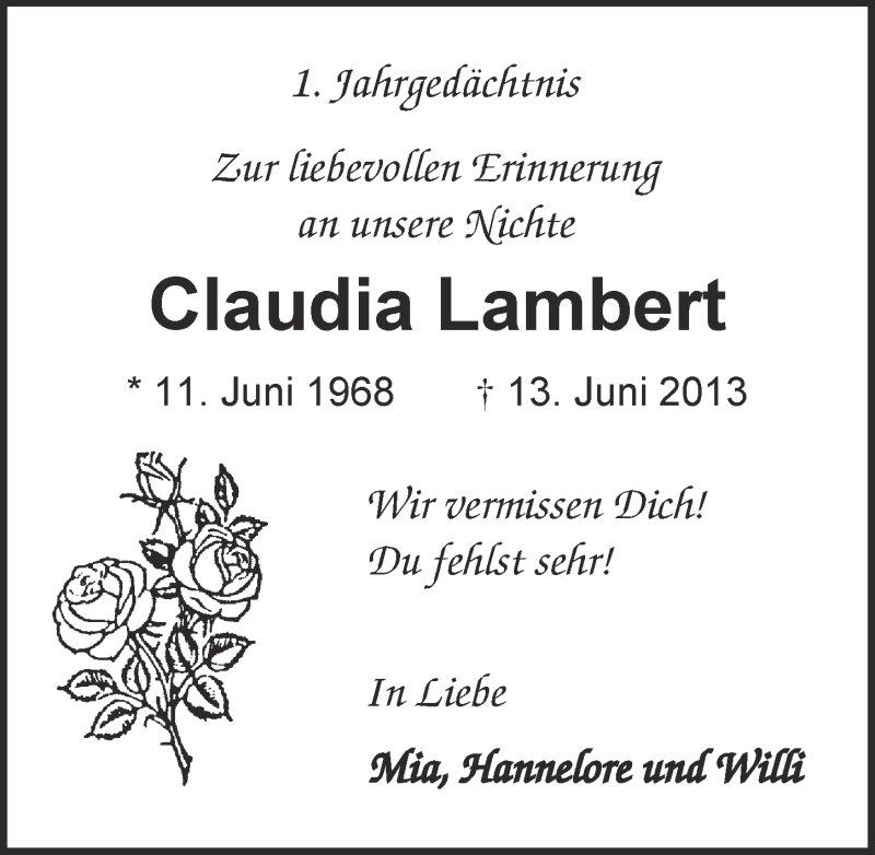  Traueranzeige für Claudia Lambert vom 11.06.2014 aus  Kölner Wochenspiegel 