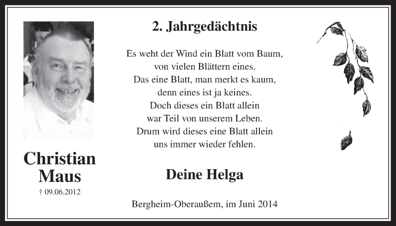  Traueranzeige für Christian Maus vom 11.06.2014 aus  Werbepost 