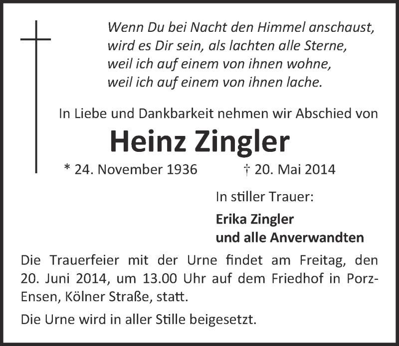  Traueranzeige für Heinz Zingler vom 11.06.2014 aus  Kölner Wochenspiegel 