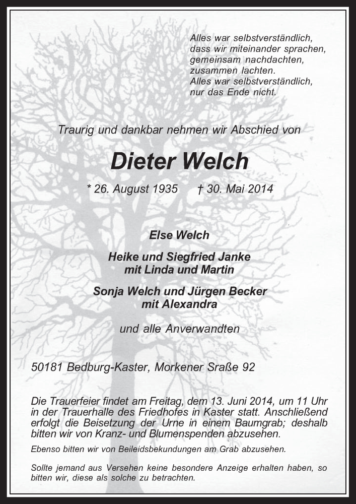  Traueranzeige für Dieter Welch vom 11.06.2014 aus  Werbepost 