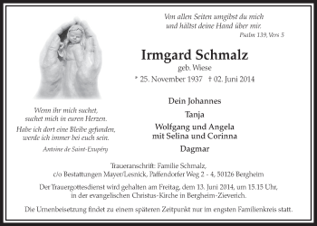 Anzeige von Irmgard Schmalz von  Sonntags-Post 