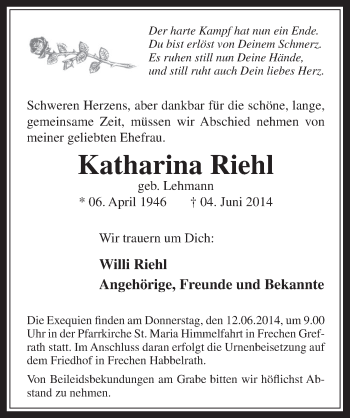 Anzeige von Katharina Riehl von  Wochenende 