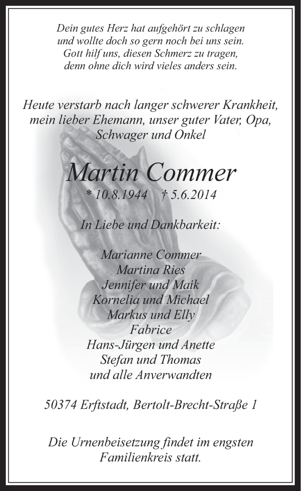 Traueranzeige für Martin Commer vom 11.06.2014 aus  Schlossbote/Werbekurier 