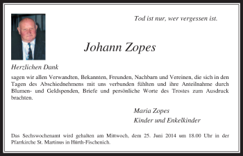 Anzeige von Johann Zopes von  Wochenende  Schlossbote/Werbekurier 