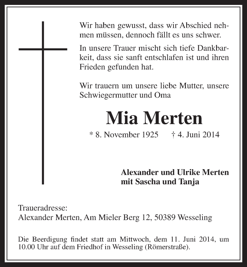  Traueranzeige für Mia Merten vom 11.06.2014 aus  Schlossbote/Werbekurier 