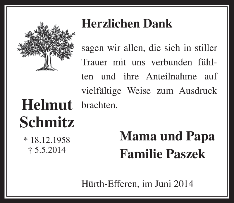  Traueranzeige für Helmut Schmitz vom 11.06.2014 aus  Wochenende 