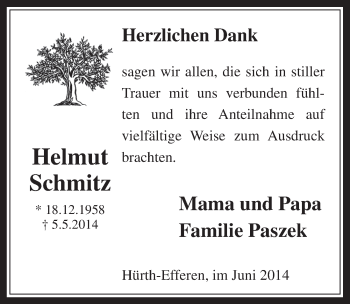 Anzeige von Helmut Schmitz von  Wochenende 