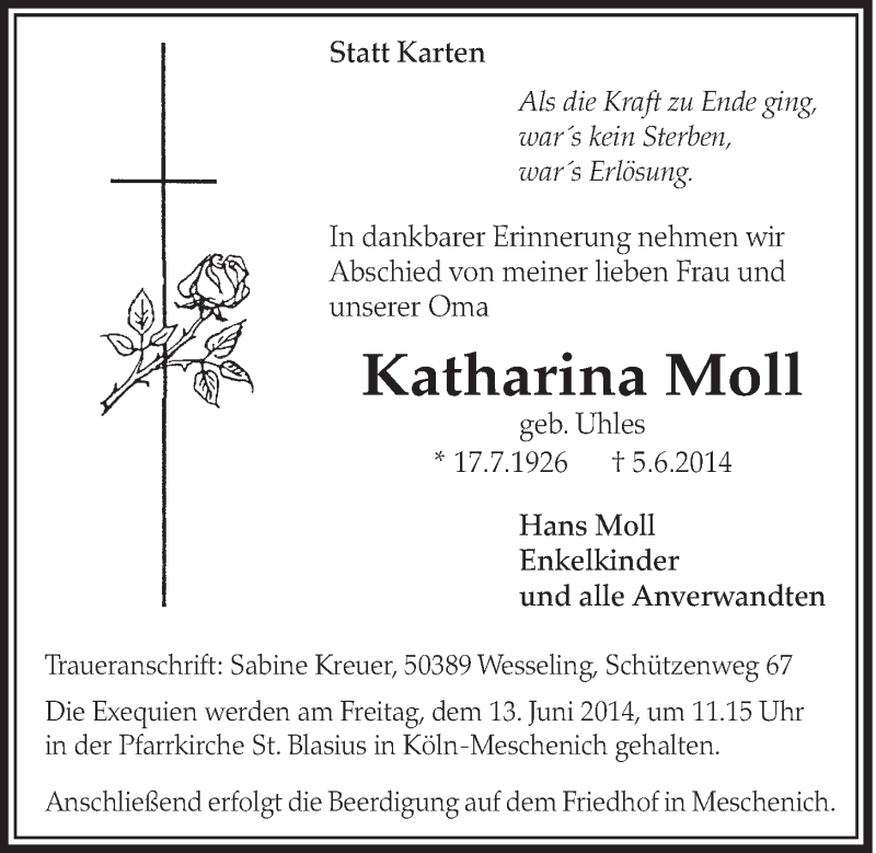 Traueranzeige für Katharina Moll vom 11.06.2014 aus  Schlossbote/Werbekurier 