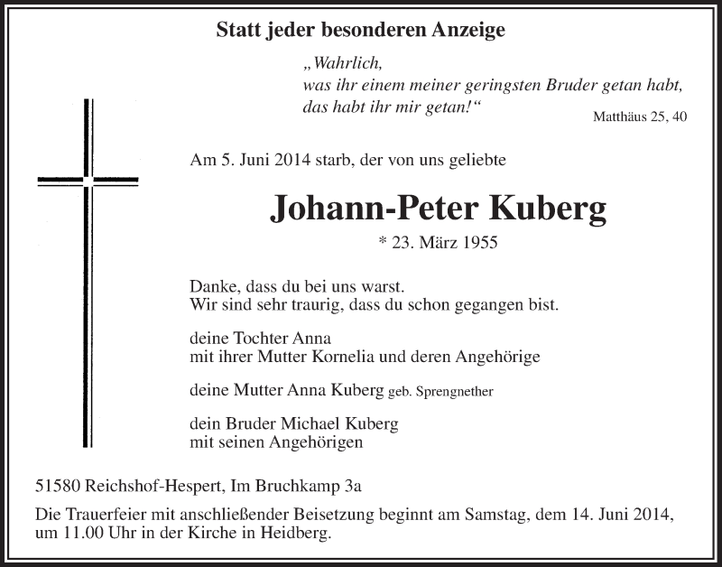  Traueranzeige für Johann-Peter Kuberg vom 11.06.2014 aus  Anzeigen Echo  Lokalanzeiger 