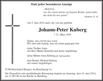 Anzeige von Johann-Peter Kuberg von  Anzeigen Echo  Lokalanzeiger 