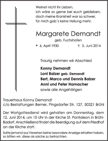 Anzeige von Margarete Demandt von  Schlossbote/Werbekurier 