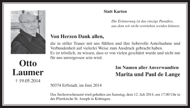  Traueranzeige für Otto Laumer vom 09.07.2014 aus  Werbepost 