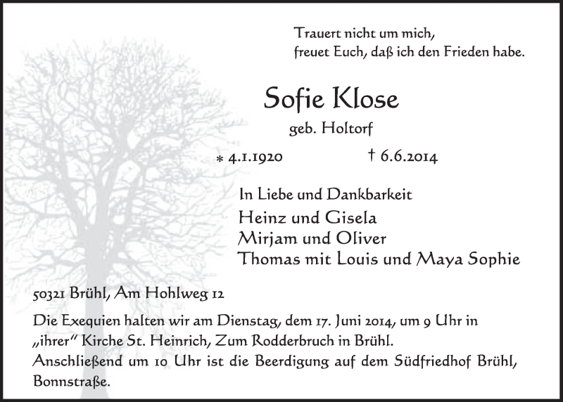  Traueranzeige für Sofie Klose vom 11.06.2014 aus  Schlossbote/Werbekurier 
