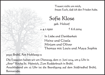 Anzeige von Sofie Klose von  Schlossbote/Werbekurier 