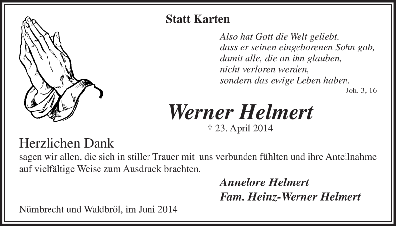  Traueranzeige für Werner Helmert vom 11.06.2014 aus  Lokalanzeiger 