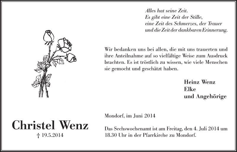  Traueranzeige für Christel Wenz vom 25.06.2014 aus  Extra Blatt 