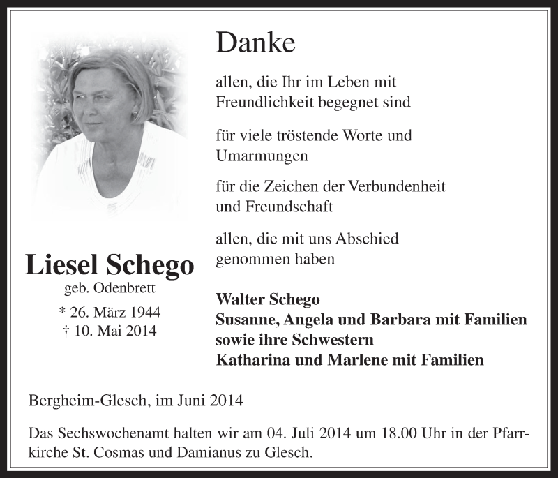  Traueranzeige für Liesel Schego vom 02.07.2014 aus  Werbepost 