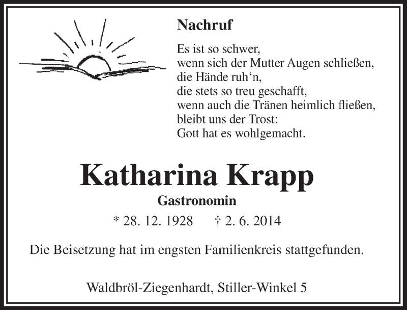  Traueranzeige für Katharina Krapp vom 11.06.2014 aus  Lokalanzeiger 
