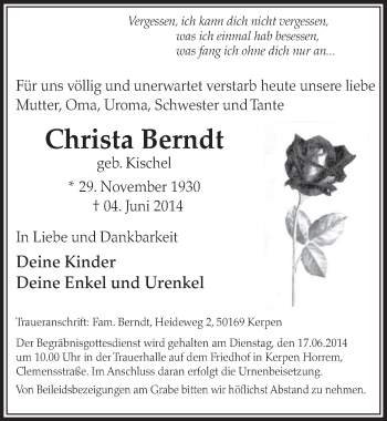 Anzeige von Christa Berndt von  Sonntags-Post 