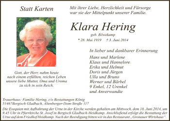 Anzeige von Klara Hering von  Bergisches Handelsblatt 