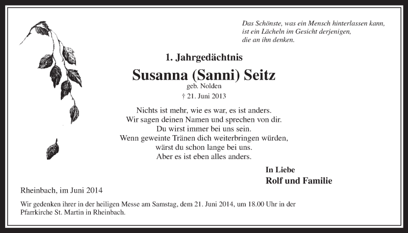  Traueranzeige für Susanna Seit vom 18.06.2014 aus  Schaufenster/Blickpunkt 