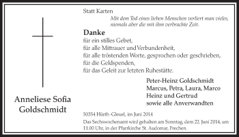 Anzeige von Anneliese Sofia Goldschmidt von  Sonntags-Post 