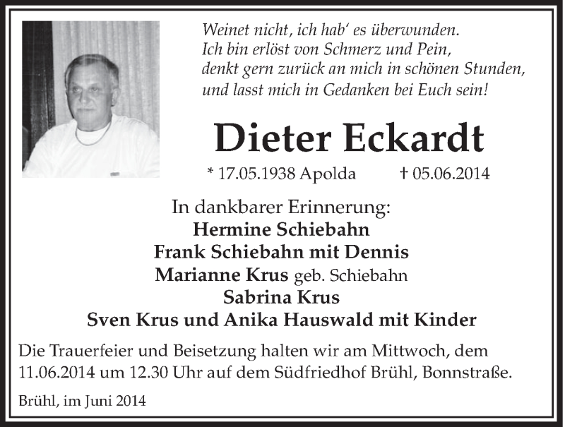  Traueranzeige für Dieter Eckardt vom 11.06.2014 aus  Schlossbote/Werbekurier 