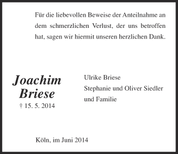 Anzeige von Joachim Briese von  Kölner Wochenspiegel 