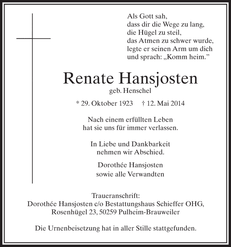 Traueranzeige für Renate Hansjosten vom 14.06.2014 aus  Sonntags-Post 