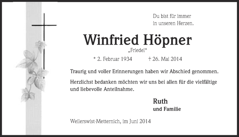  Traueranzeige für Winfried Höpner vom 15.06.2014 aus  Blickpunkt Euskirchen 