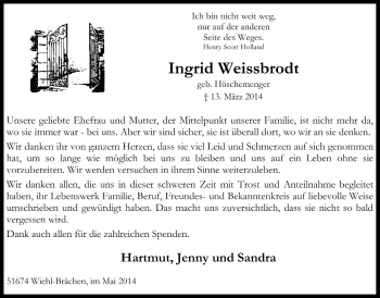 Anzeige von Ingrid Weissbrodt von  Anzeigen Echo 
