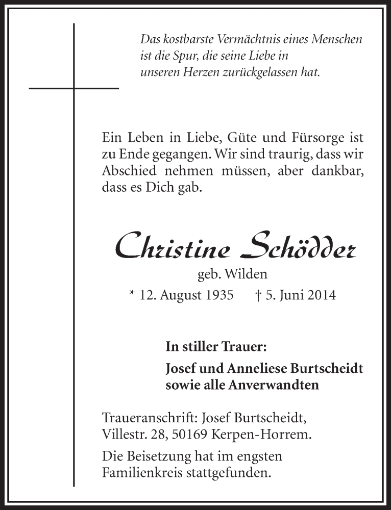  Traueranzeige für Christine Schödder vom 14.06.2014 aus  Sonntags-Post 