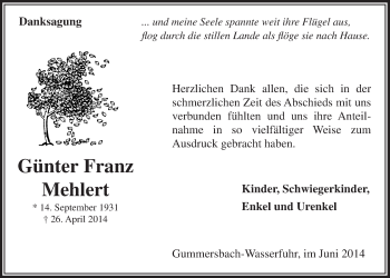 Anzeige von Günter Franz Mehlert von  Anzeigen Echo 