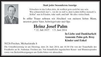 Anzeige von Heinz Josef Palm von  Wochenende 
