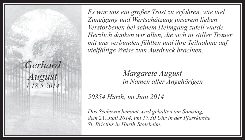  Traueranzeige für Gerhard Auust vom 18.06.2014 aus  Wochenende 