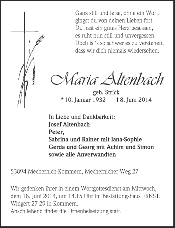 Anzeige von Maria Altenbach von  Blickpunkt Euskirchen 