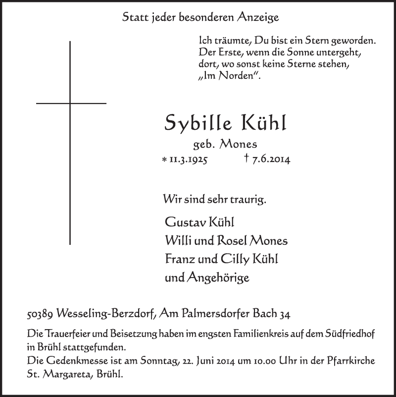  Traueranzeige für Sybille Kühl vom 18.06.2014 aus  Schlossbote/Werbekurier 