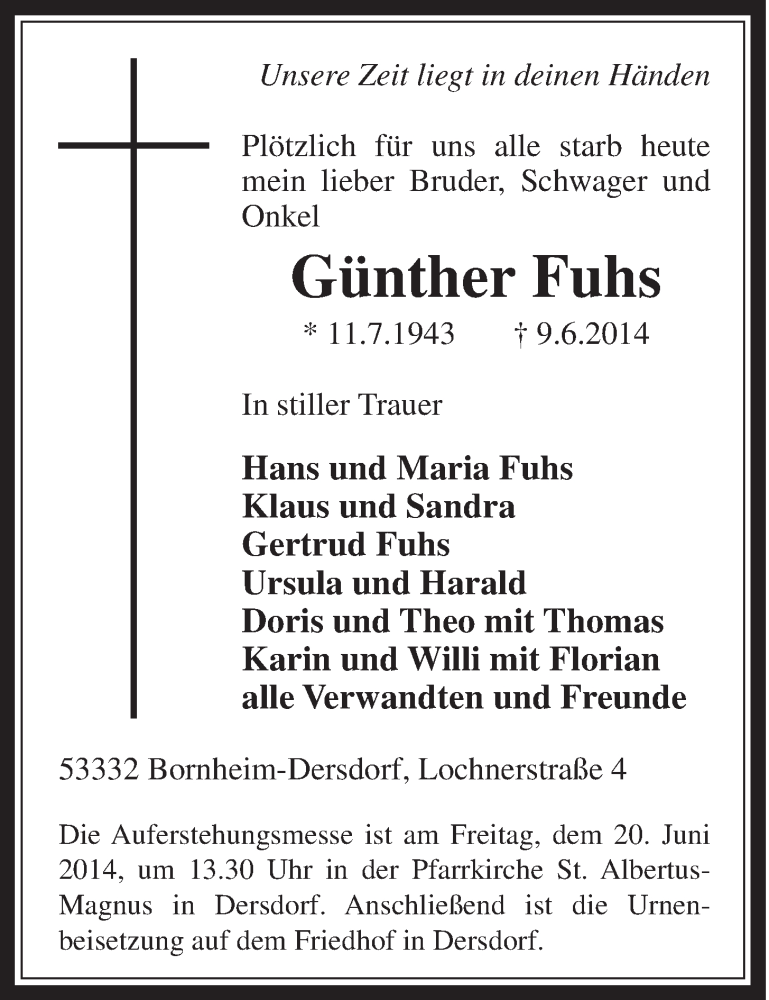  Traueranzeige für Günther Fuhs vom 18.06.2014 aus  Schaufenster/Blickpunkt 