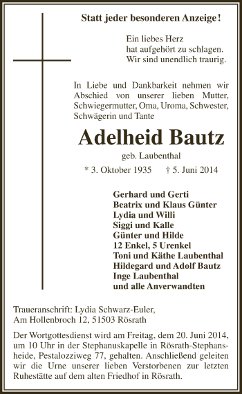 Anzeige von Adelheid Bautz von  Bergisches Sonntagsblatt 