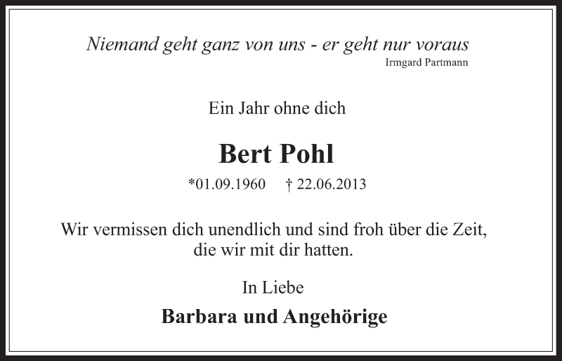  Traueranzeige für Bert Pohl vom 21.06.2014 aus  Sonntags-Post 