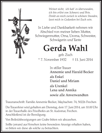 Anzeige von Gerda Wahl von  Sonntags-Post 
