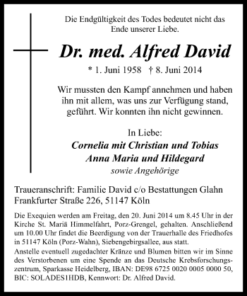 Anzeige von Alfred David von  Kölner Wochenspiegel 