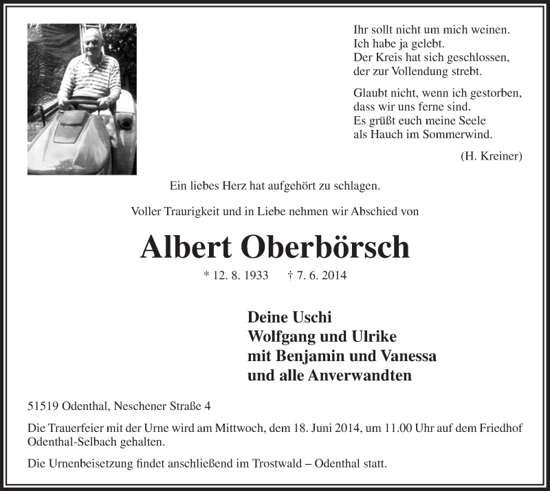  Traueranzeige für Albert Oberbörsch vom 14.06.2014 aus  Bergisches Sonntagsblatt 