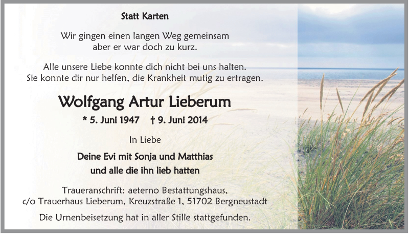  Traueranzeige für Wolfgang Artur Lieberum vom 18.06.2014 aus  Anzeigen Echo 
