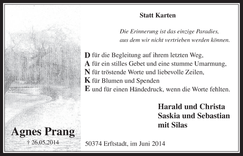  Traueranzeige für Agnes Prang vom 18.06.2014 aus  Werbepost 