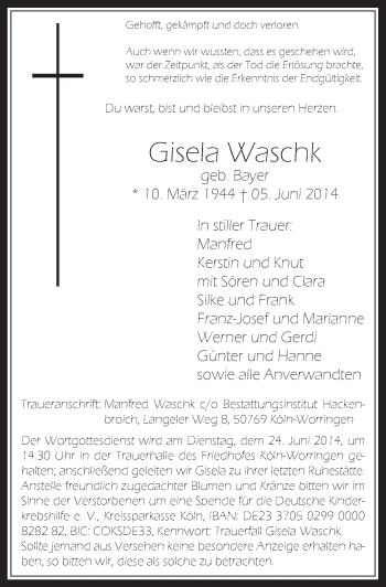 Anzeige von Gisela Waschk von  Wochenende 